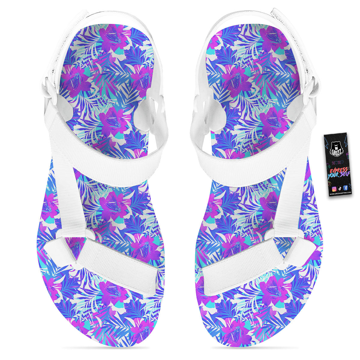 Aloha Psychedelic Tropical Print Pattern White Open Toe Sandals-grizzshop
