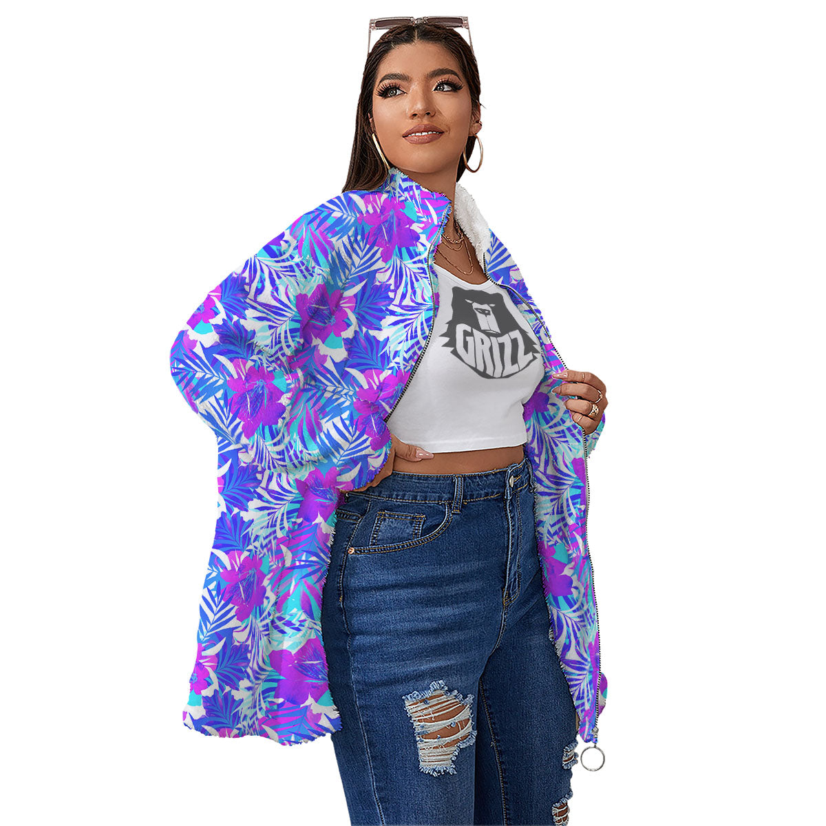 Aloha Psychedelic Tropical Print Pattern Women's Sherpa Jacket-grizzshop
