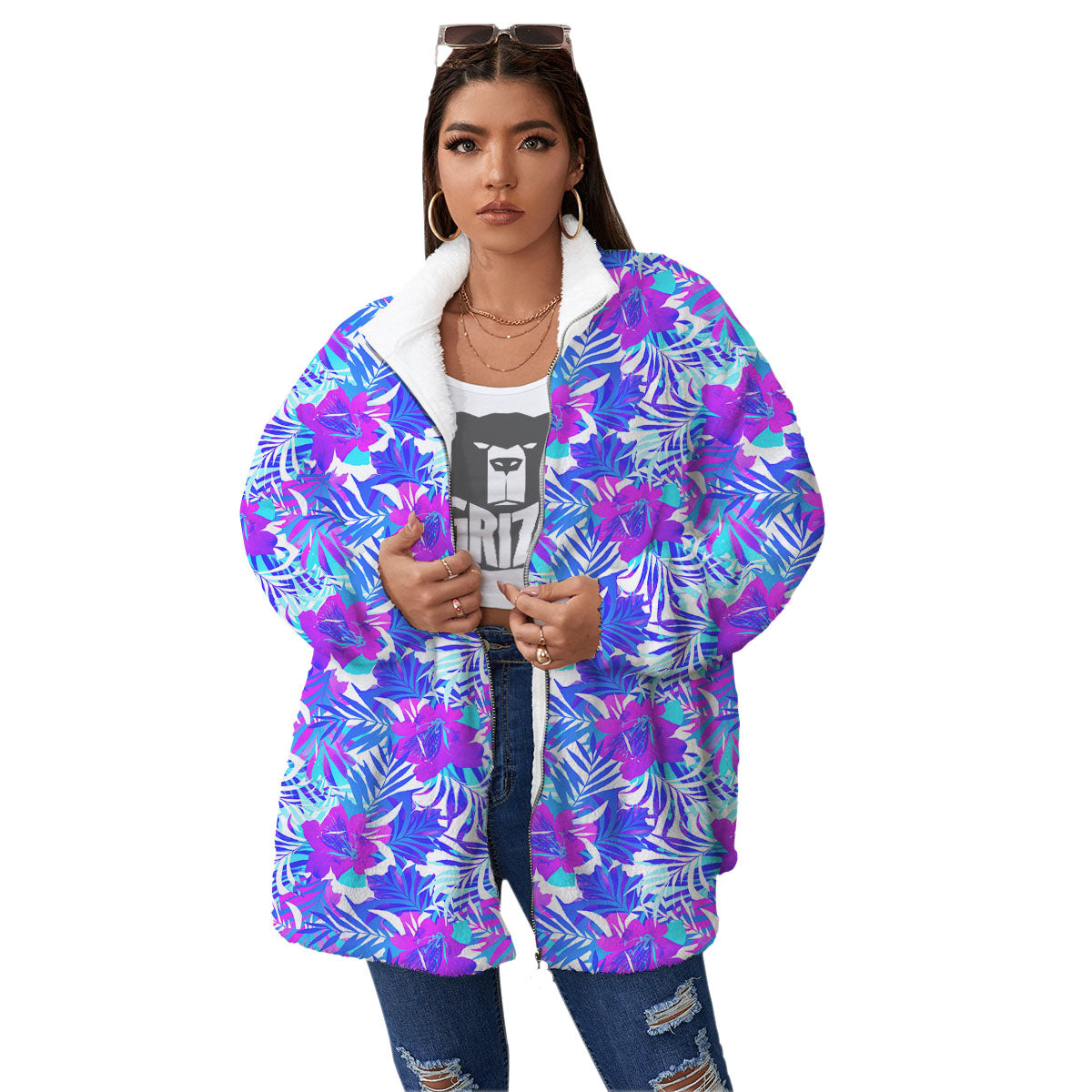 Aloha Psychedelic Tropical Print Pattern Women's Sherpa Jacket-grizzshop