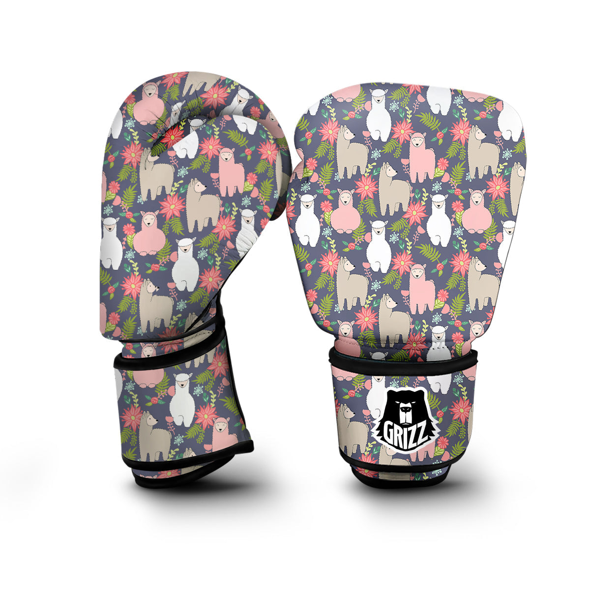 Alpaca Floral Pattern Print Boxing Gloves-grizzshop