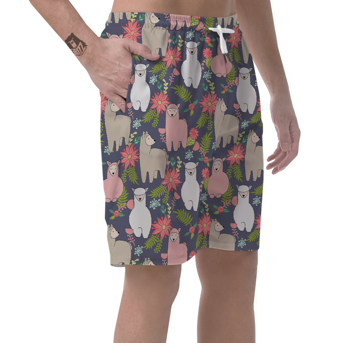 Alpaca Floral Pattern Print Men's Shorts-grizzshop