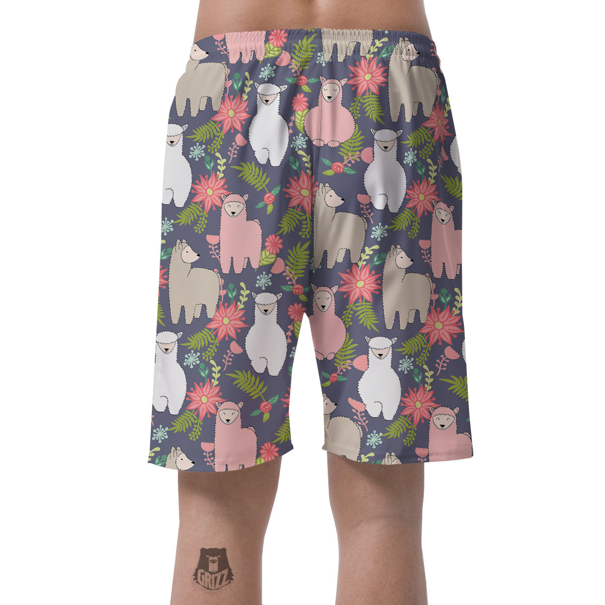 Alpaca Floral Pattern Print Men's Shorts-grizzshop