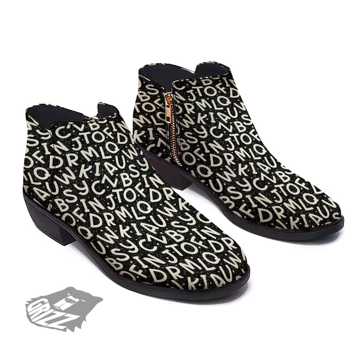 Alphabet Black Print Pattern Ankle Boots-grizzshop