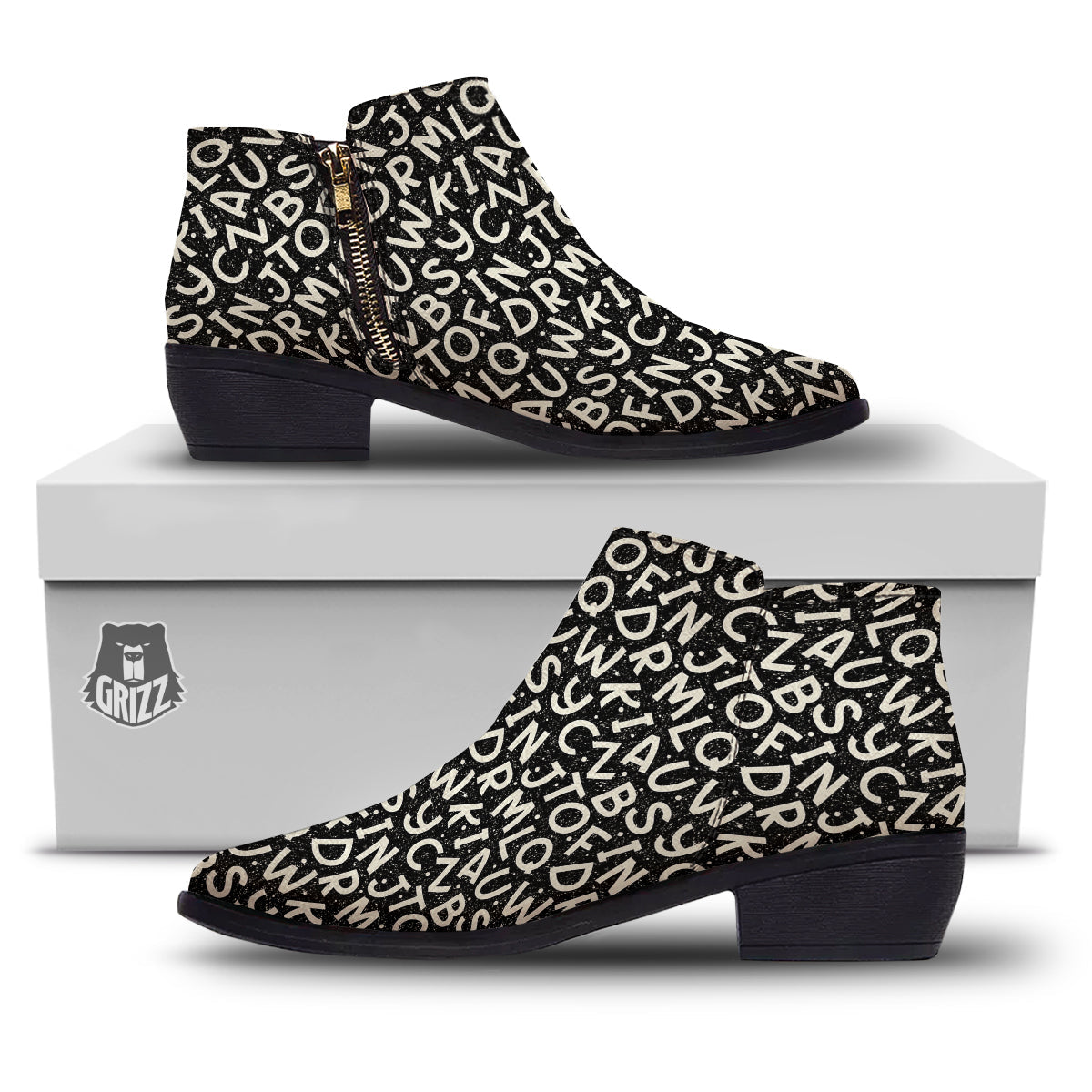 Alphabet Black Print Pattern Ankle Boots-grizzshop