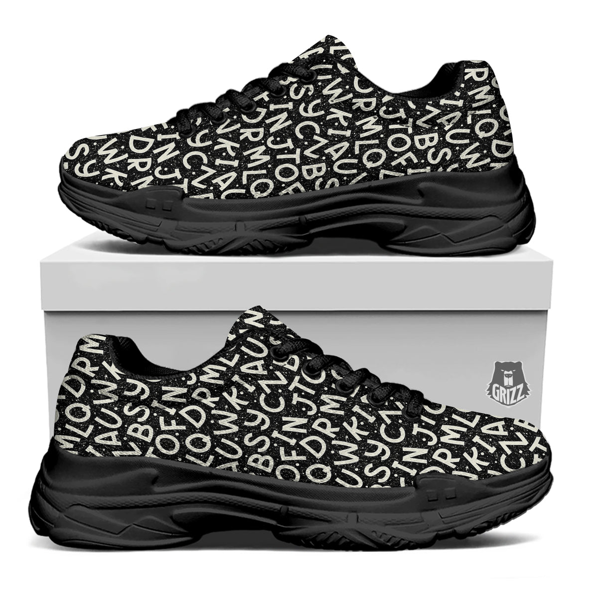 Alphabet Black Print Pattern Black Chunky Shoes-grizzshop