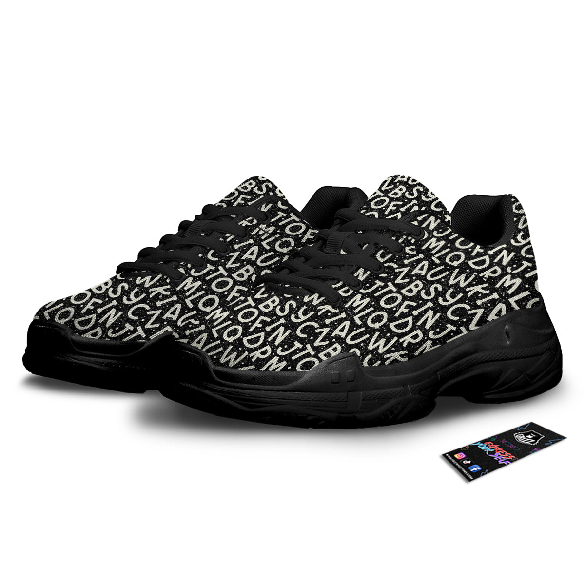 Alphabet Black Print Pattern Black Chunky Shoes-grizzshop