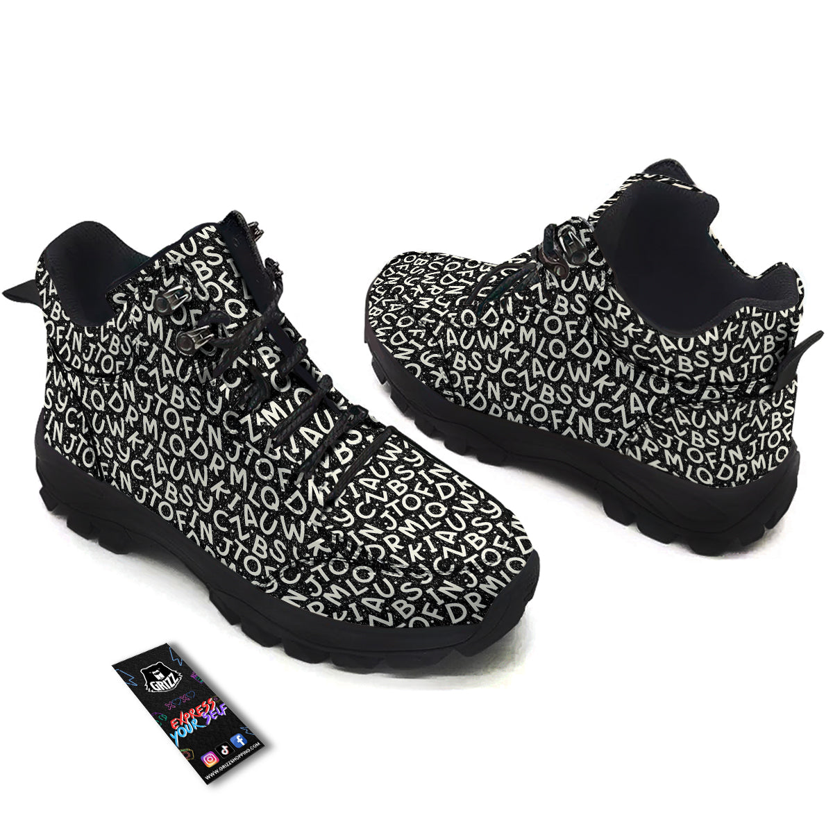Alphabet Black Print Pattern Hiking Shoes-grizzshop