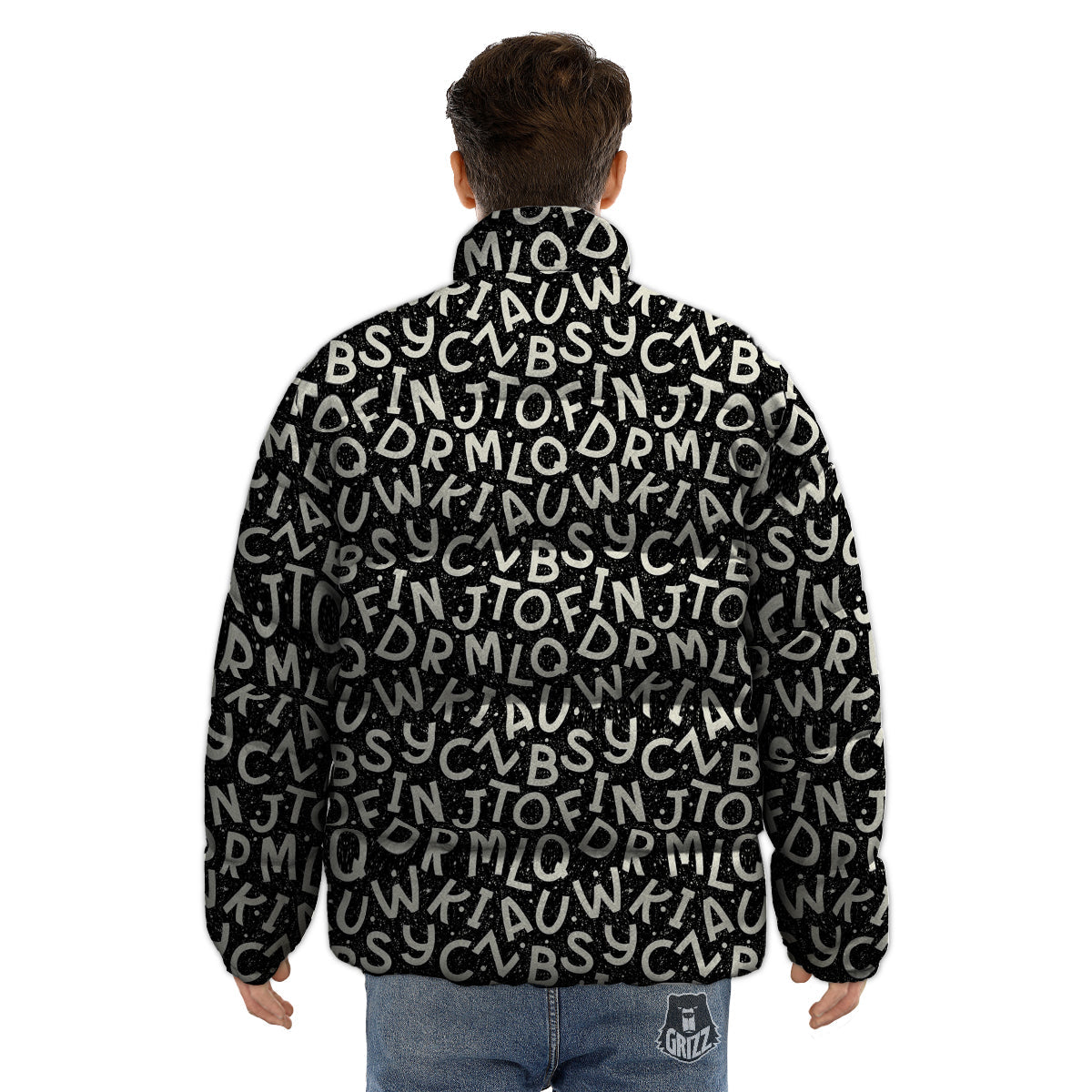 Alphabet Black Print Pattern Puffer Jacket-grizzshop