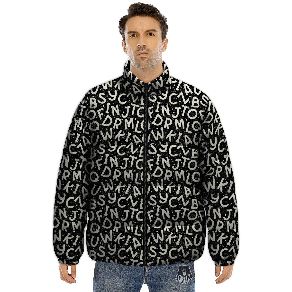 Alphabet Black Print Pattern Puffer Jacket-grizzshop