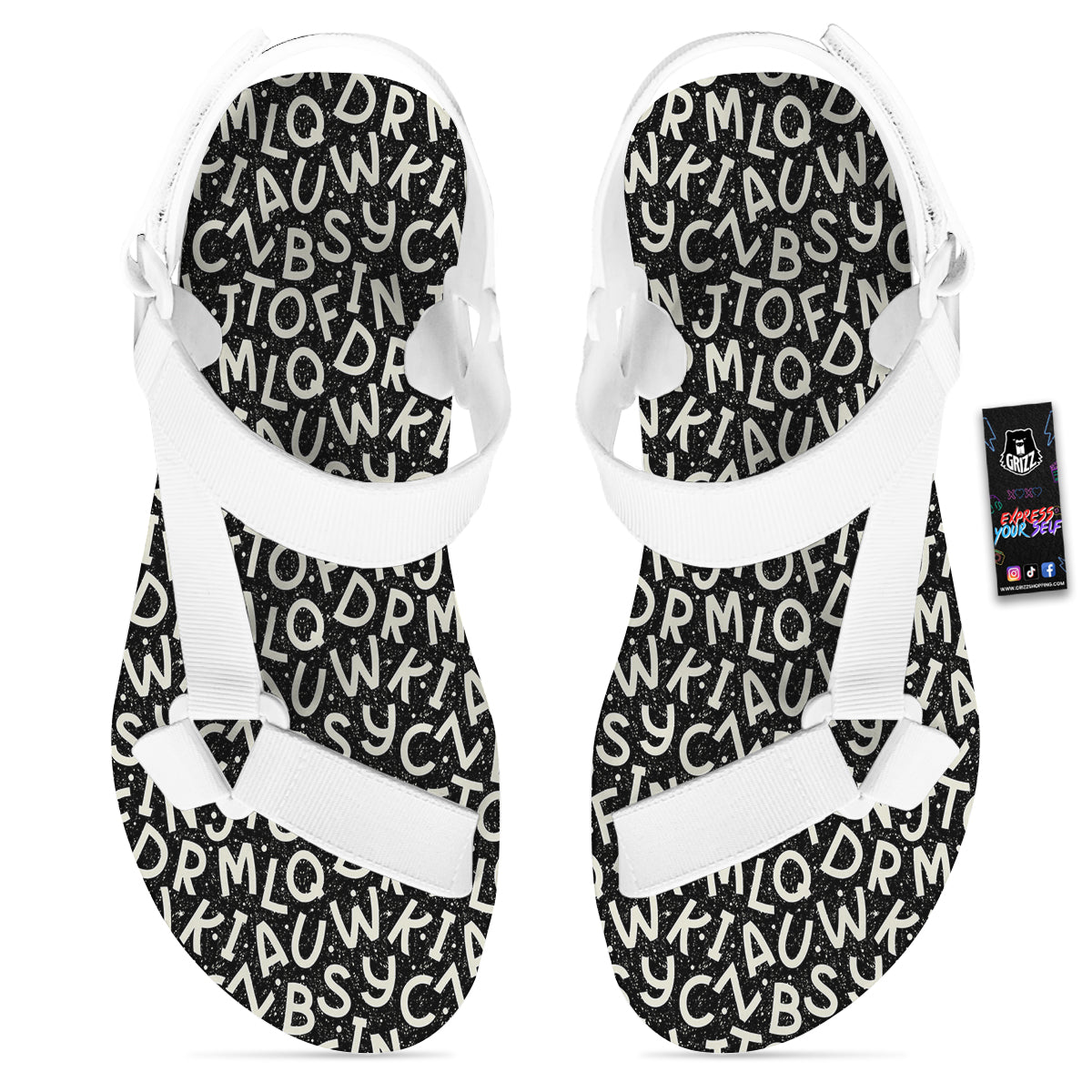 Alphabet Black Print Pattern White Open Toe Sandals-grizzshop