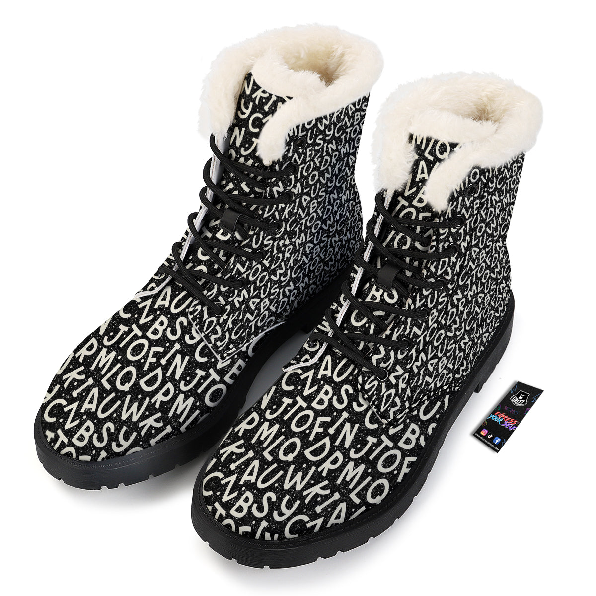 Alphabet Black Print Pattern Winter Boots-grizzshop