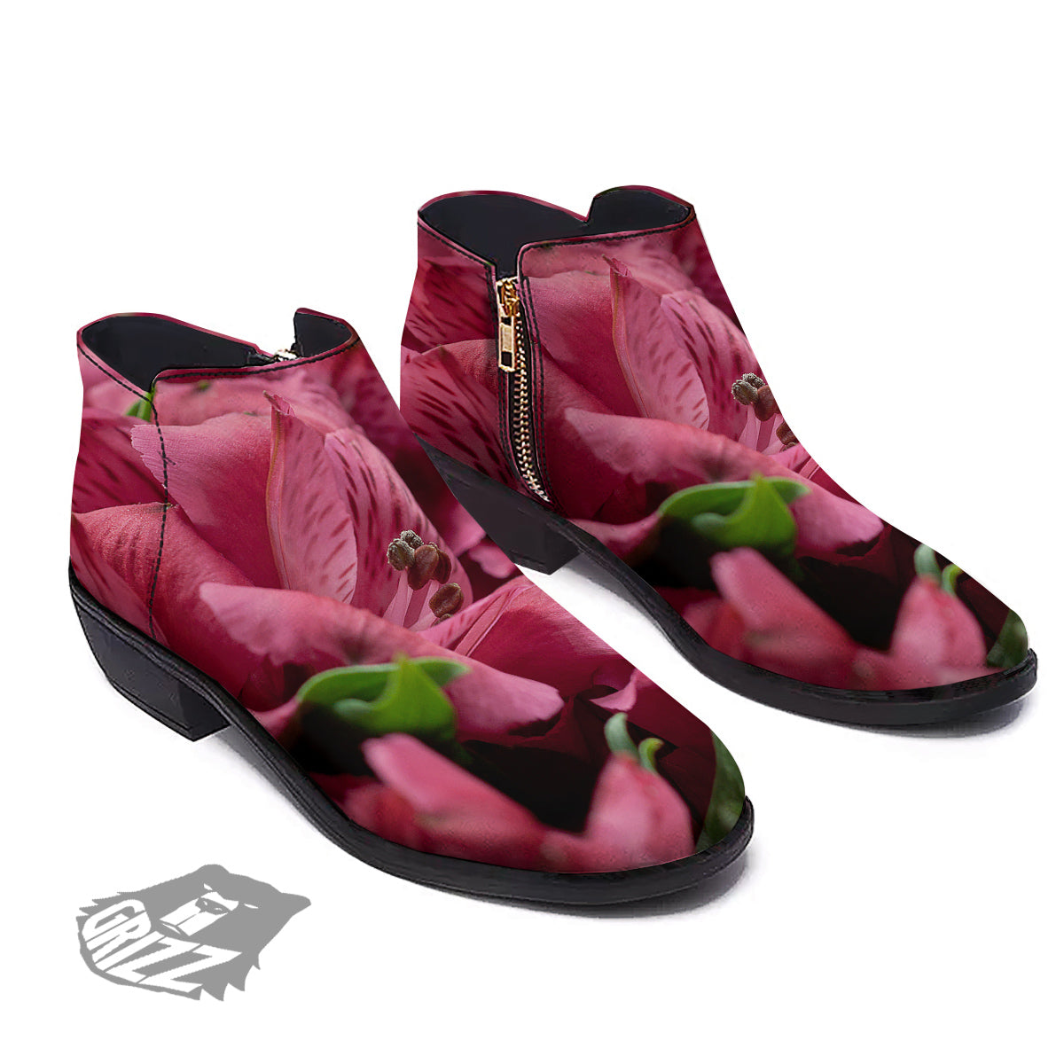 Alstroemeria Burgundy Print Ankle Boots-grizzshop