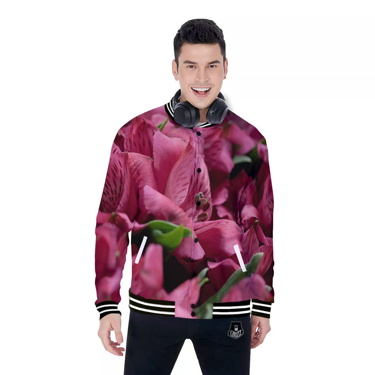 Alstroemeria Burgundy Print Baseball Jacket-grizzshop