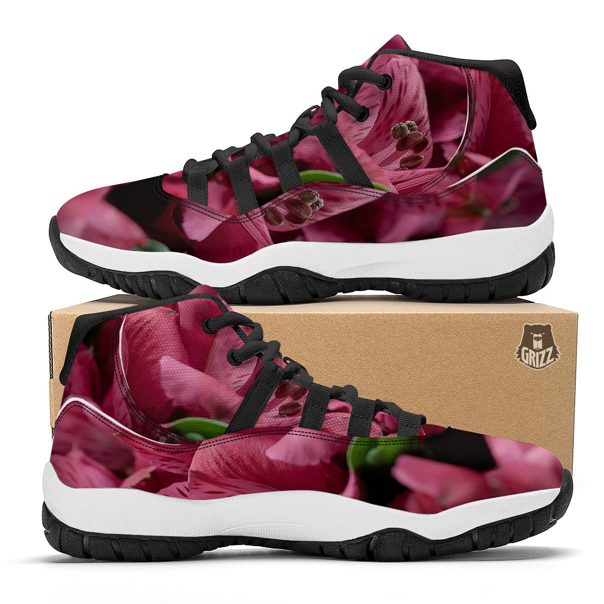 Alstroemeria Burgundy Print Black Bball Shoes-grizzshop