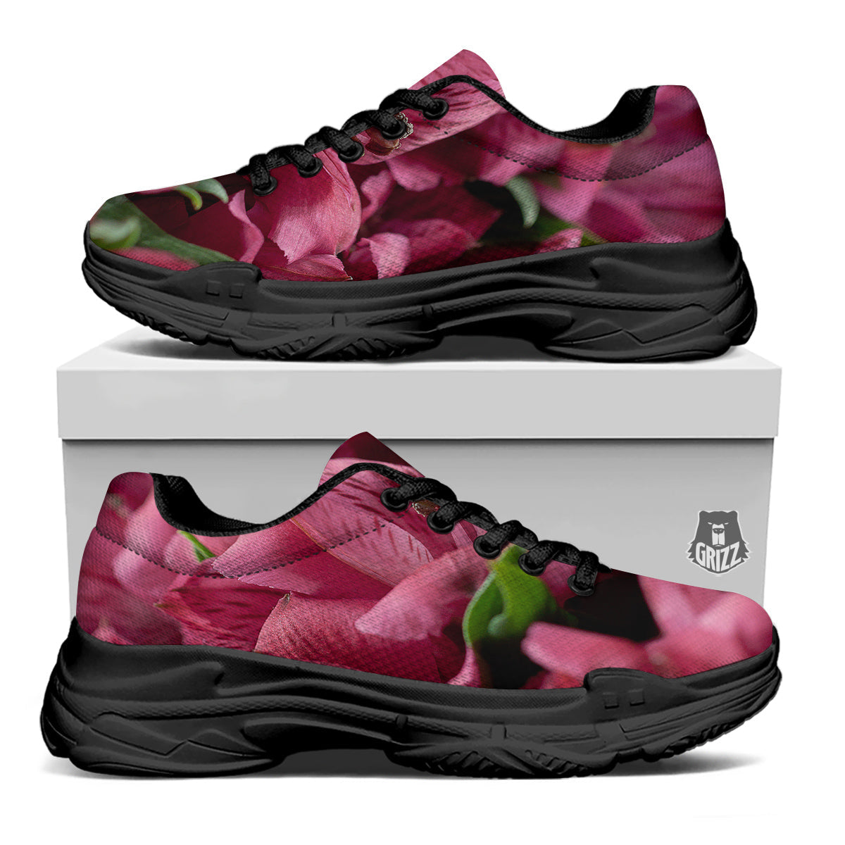 Alstroemeria Burgundy Print Black Chunky Shoes-grizzshop