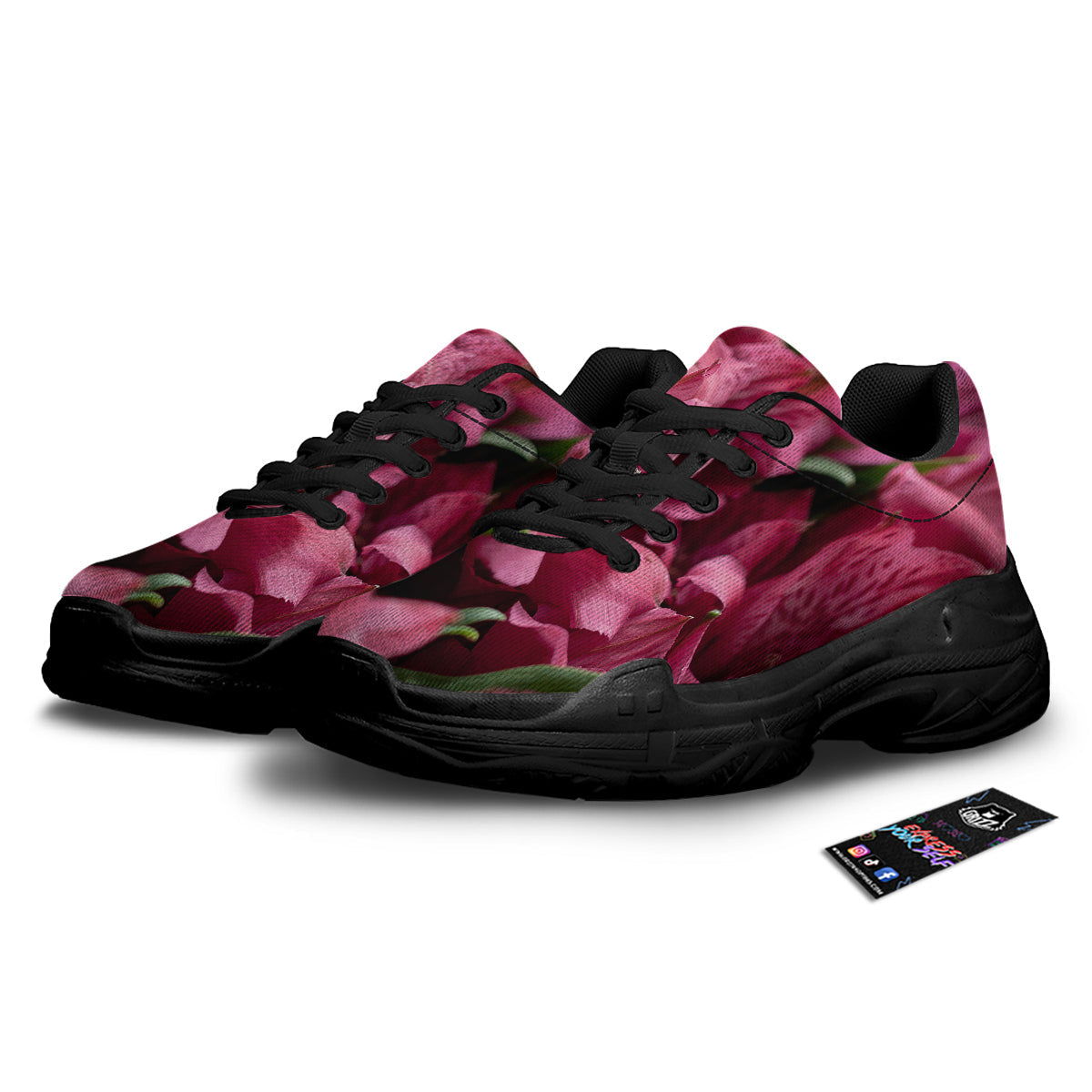 Alstroemeria Burgundy Print Black Chunky Shoes-grizzshop