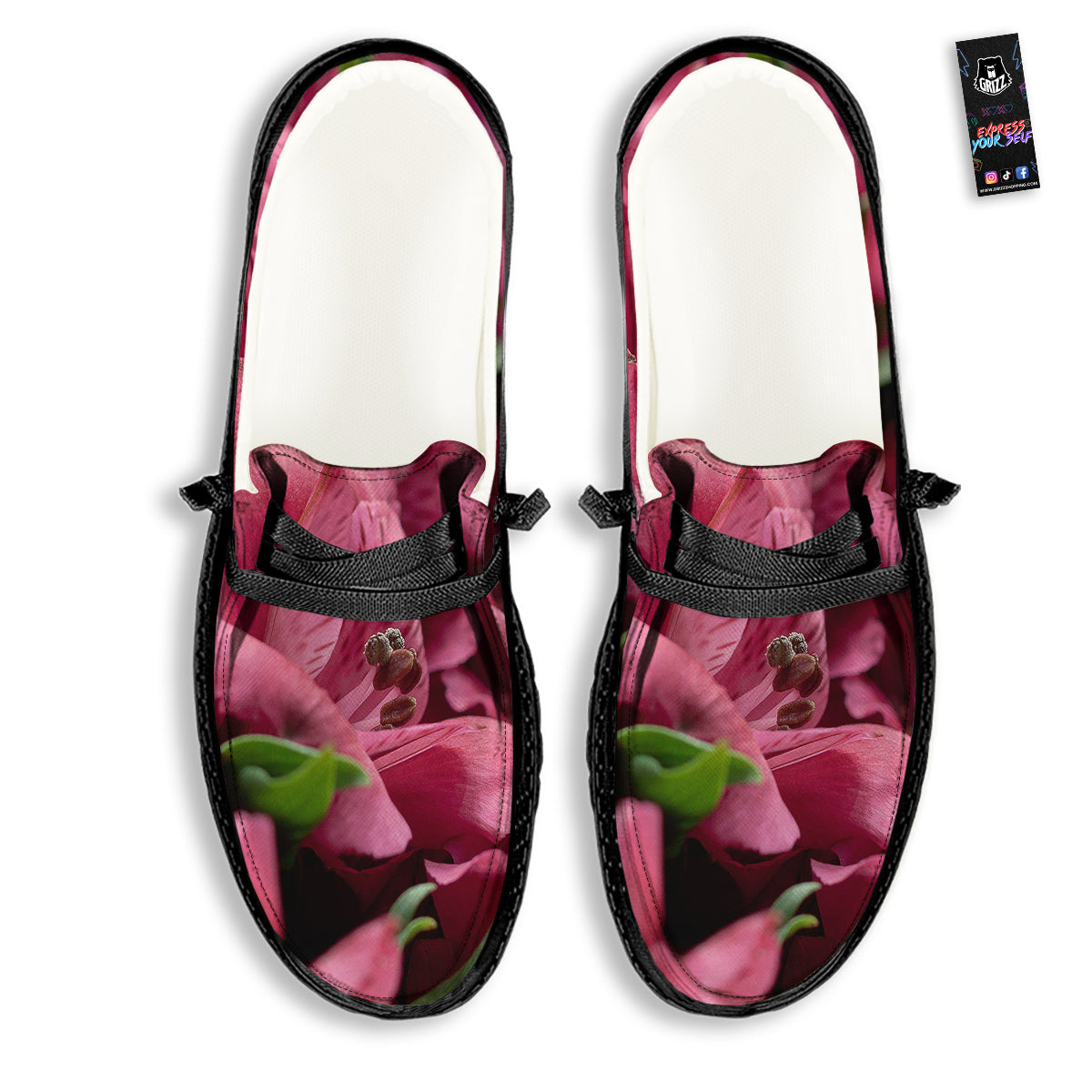 Alstroemeria Burgundy Print Black Loafers-grizzshop