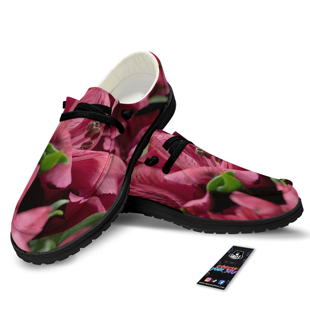Alstroemeria Burgundy Print Black Loafers-grizzshop