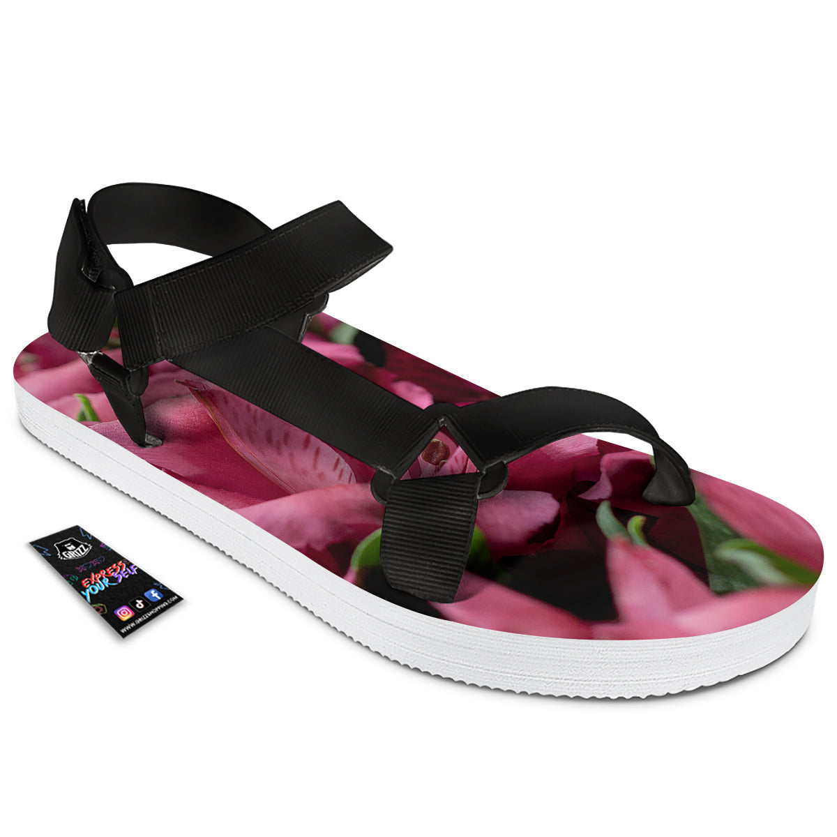 Alstroemeria Burgundy Print Black Open Toe Sandals-grizzshop