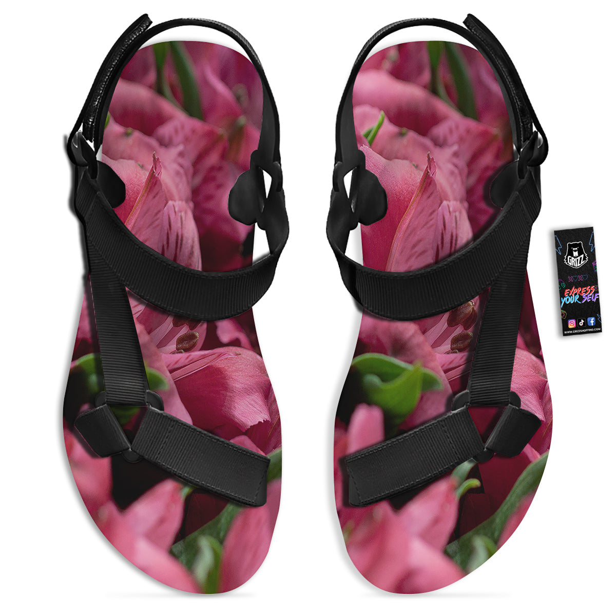 Alstroemeria Burgundy Print Black Open Toe Sandals-grizzshop