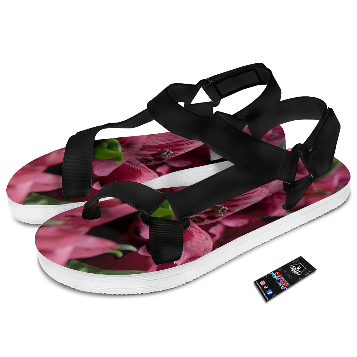 Alstroemeria Burgundy Print Black Open Toe Sandals-grizzshop