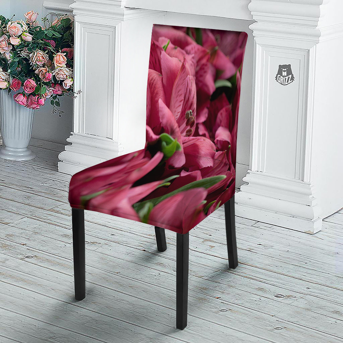 Alstroemeria Burgundy Print Dining Chair Slipcover-grizzshop