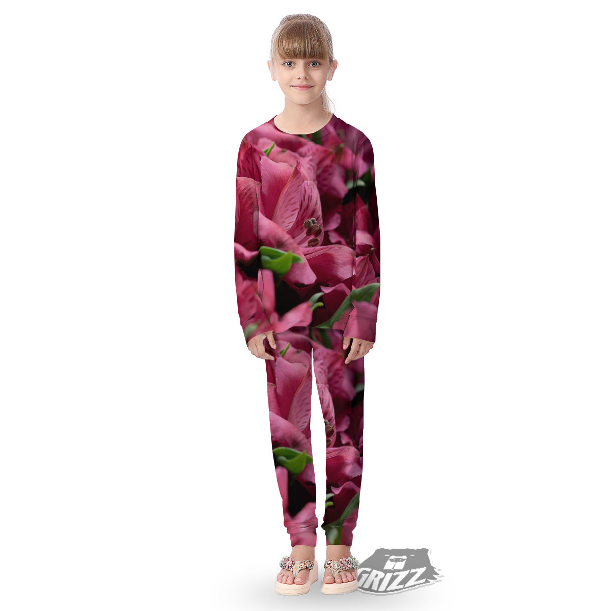 Alstroemeria Burgundy Print Kid's Pajamas-grizzshop