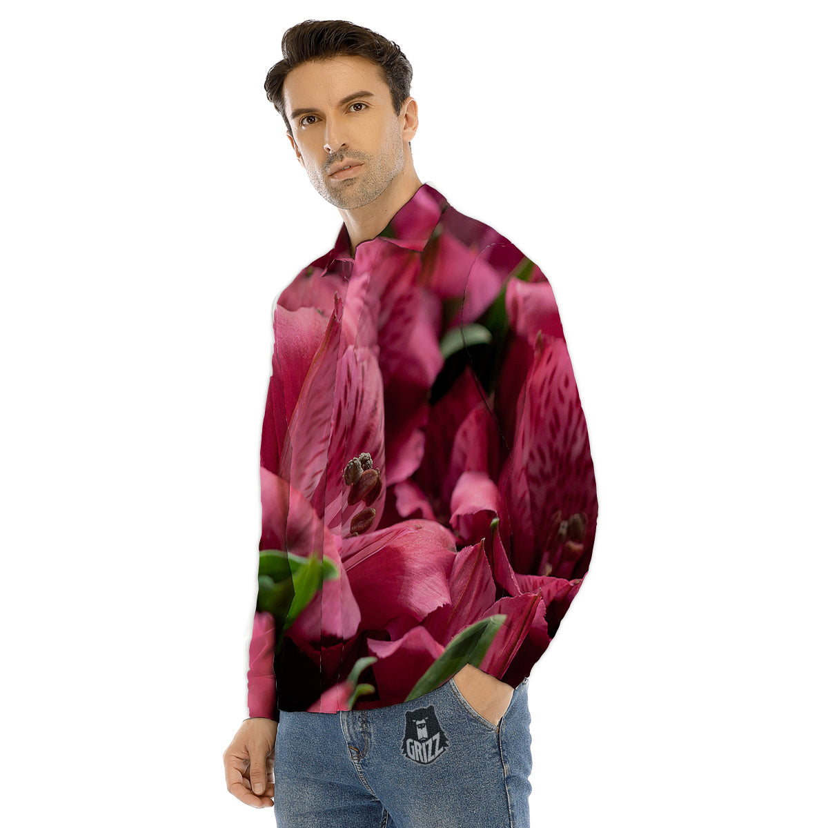 Alstroemeria Burgundy Print Men's Dress Shirts-grizzshop