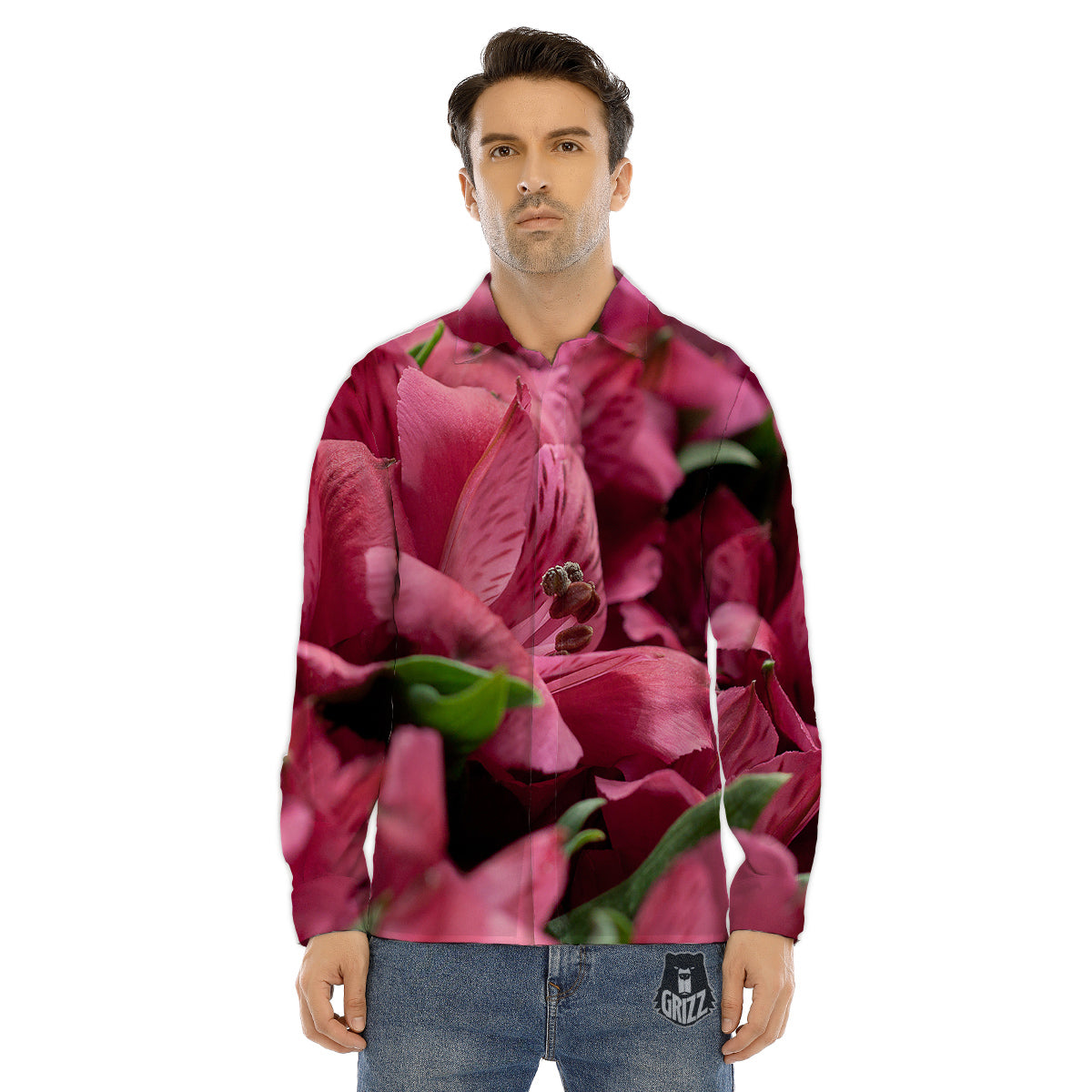 Alstroemeria Burgundy Print Men's Dress Shirts-grizzshop