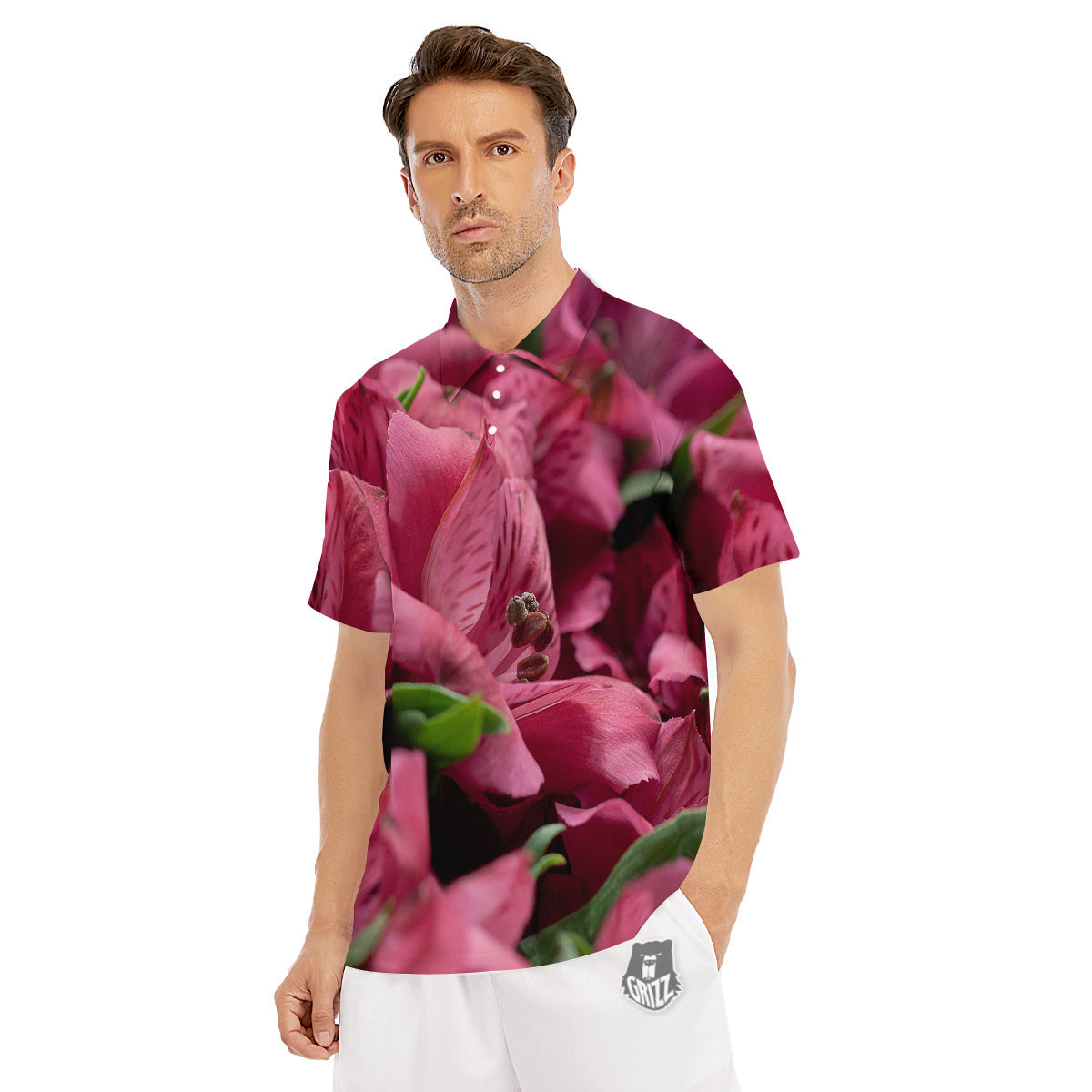 Alstroemeria Burgundy Print Men's Golf Shirts-grizzshop