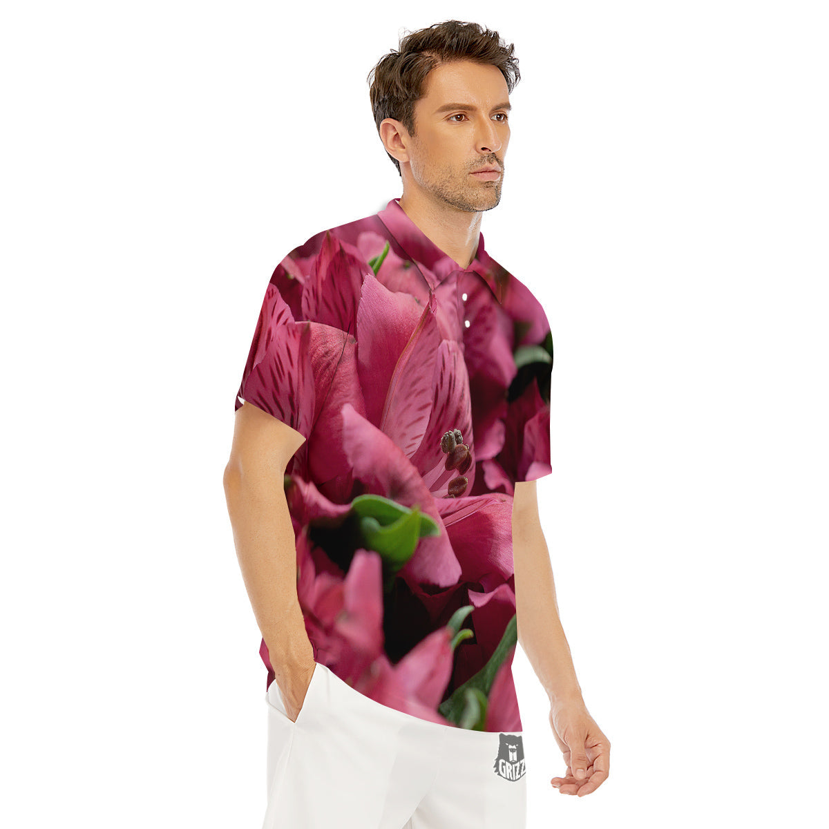 Alstroemeria Burgundy Print Men's Golf Shirts-grizzshop