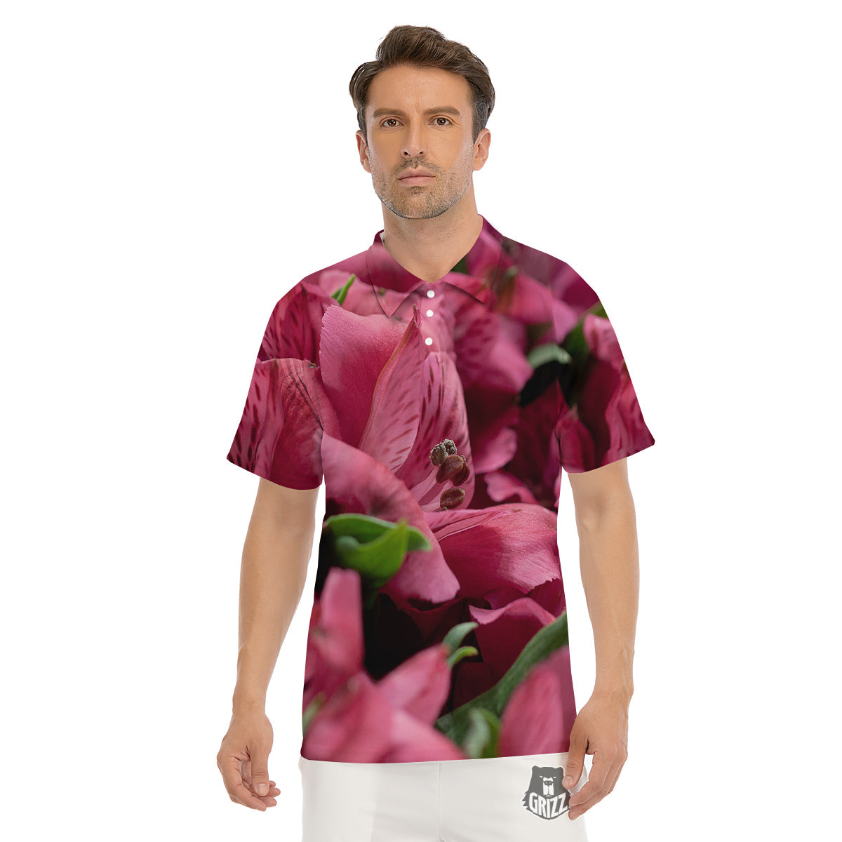 Alstroemeria Burgundy Print Men's Golf Shirts-grizzshop