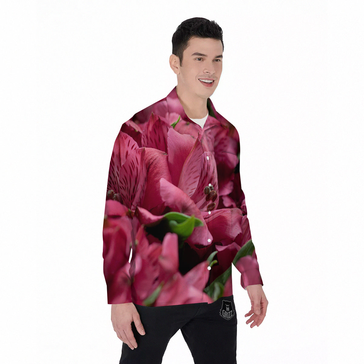 Alstroemeria Burgundy Print Men's Long Sleeve Shirts-grizzshop