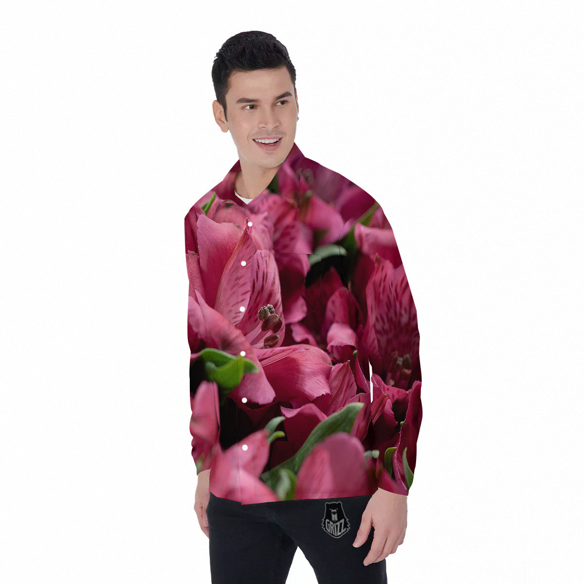 Alstroemeria Burgundy Print Men's Long Sleeve Shirts-grizzshop