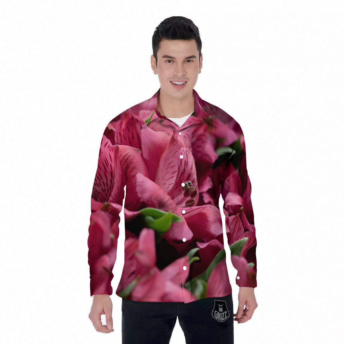 Alstroemeria Burgundy Print Men's Long Sleeve Shirts-grizzshop
