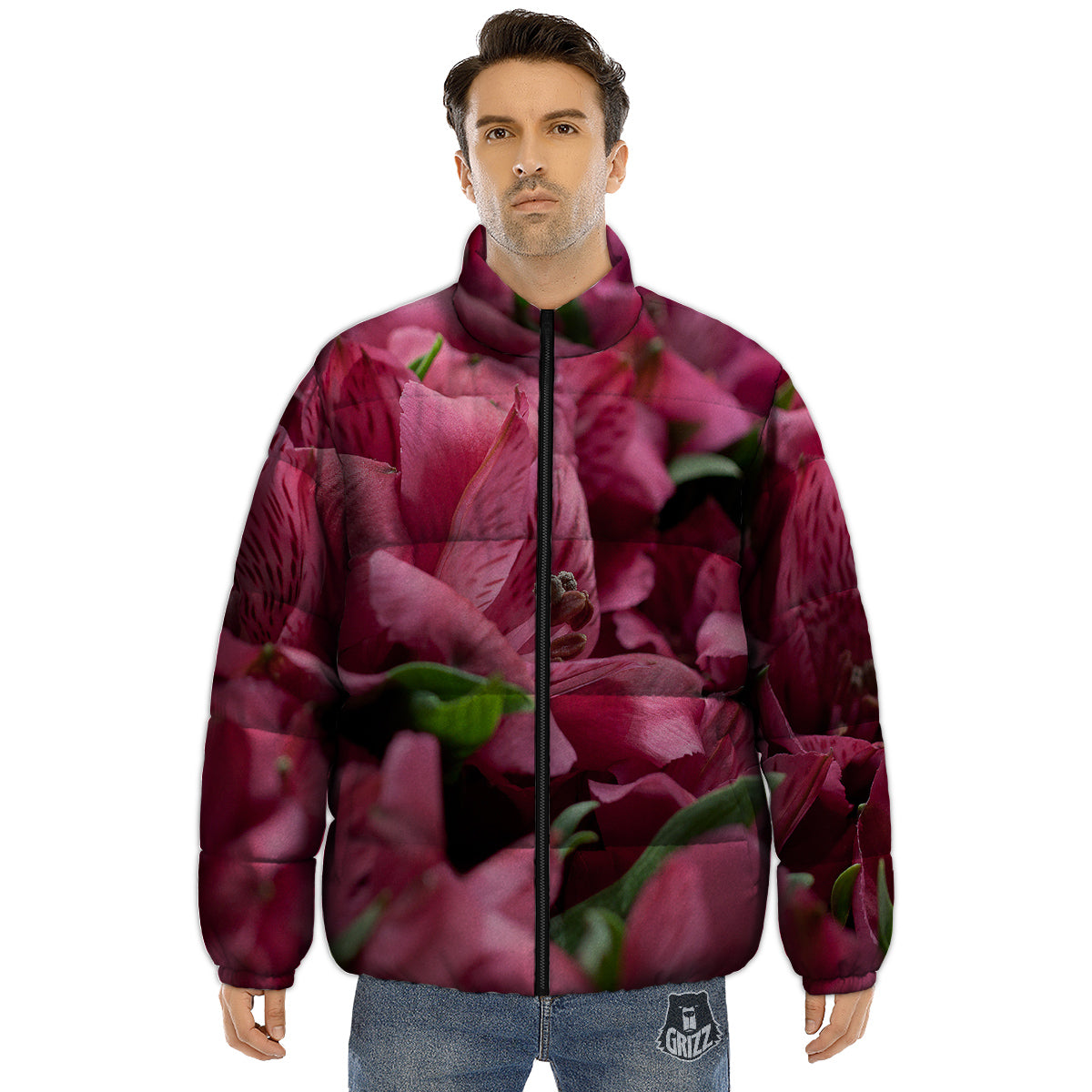 Alstroemeria Burgundy Print Puffer Jacket-grizzshop