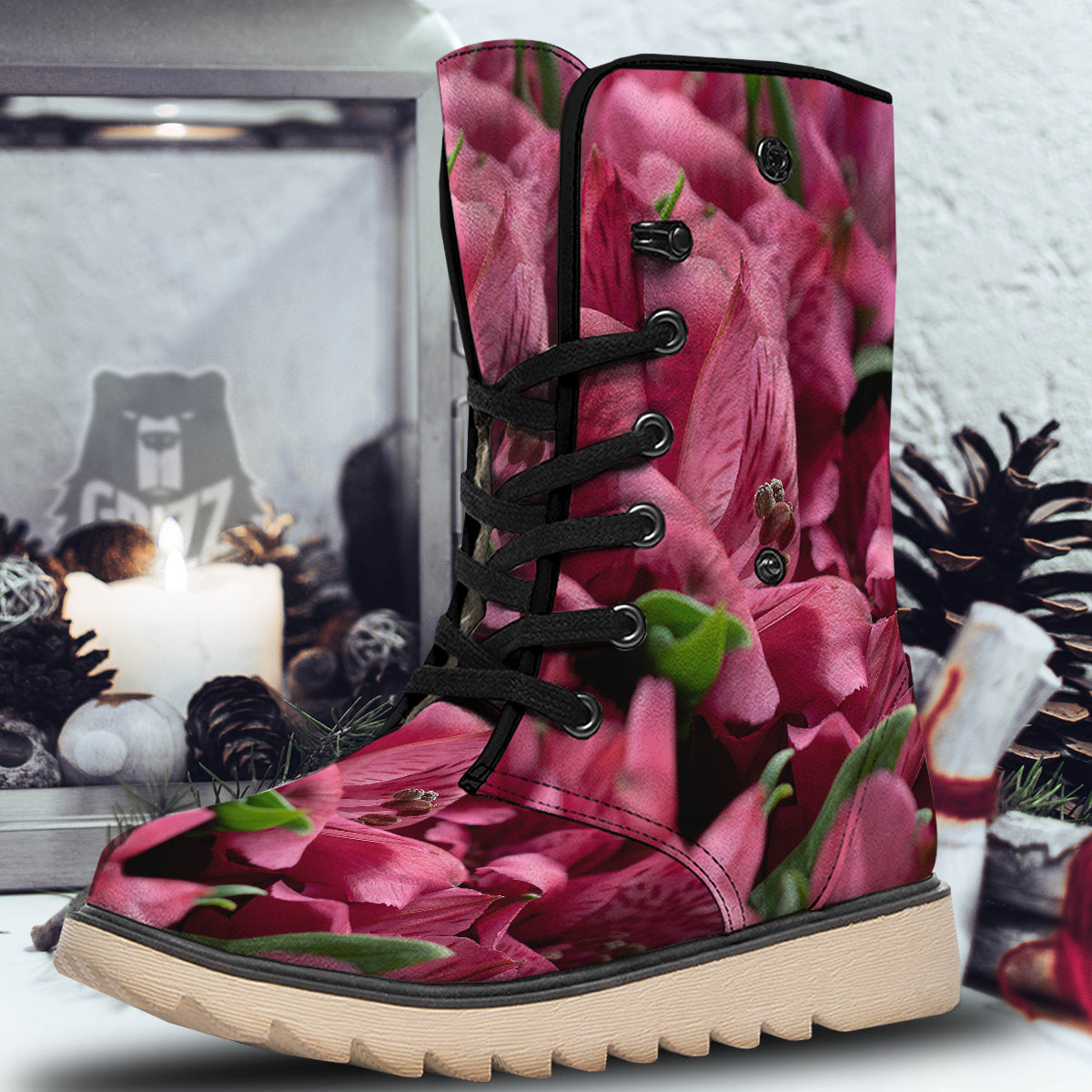Alstroemeria Burgundy Print Snow Boots-grizzshop