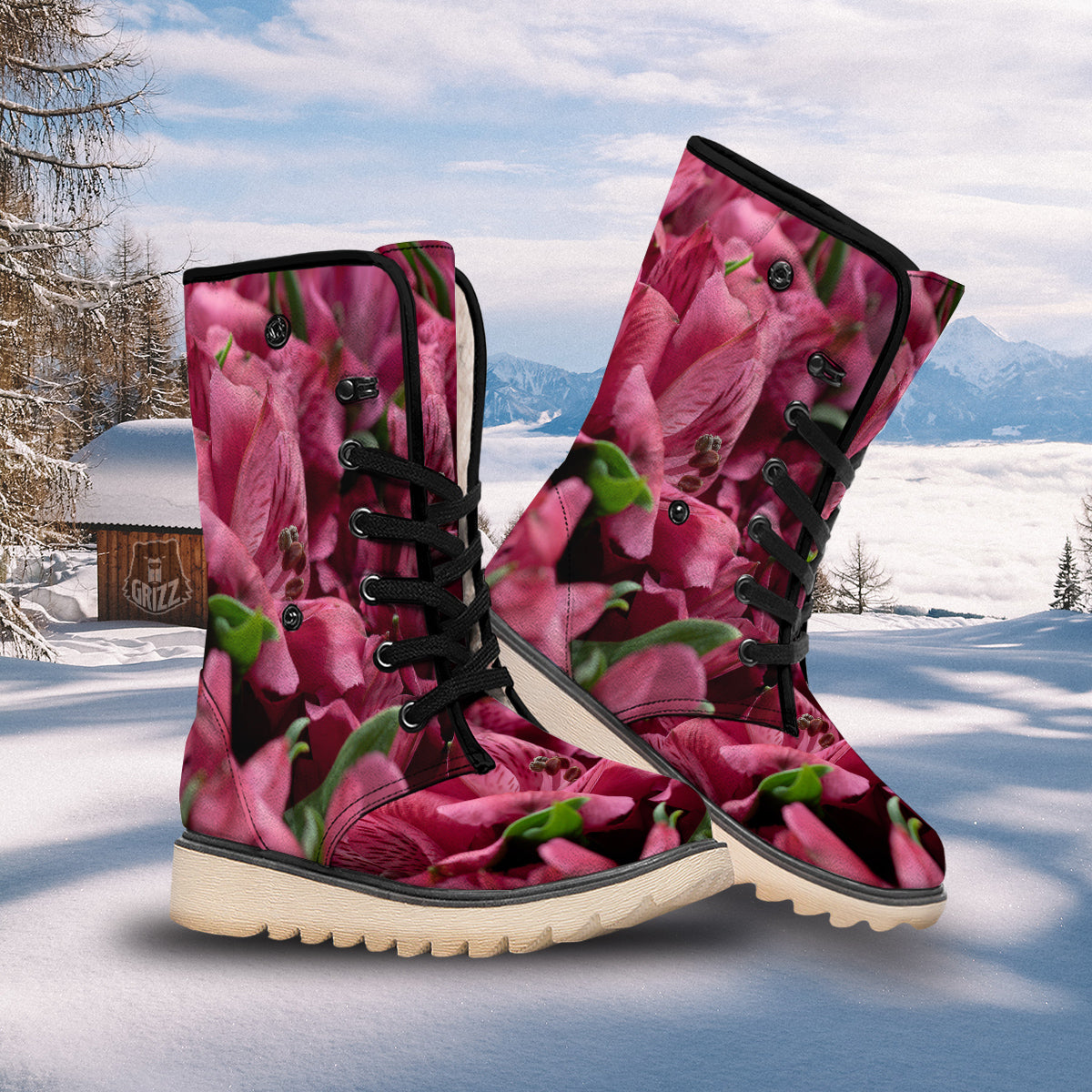Alstroemeria Burgundy Print Snow Boots-grizzshop