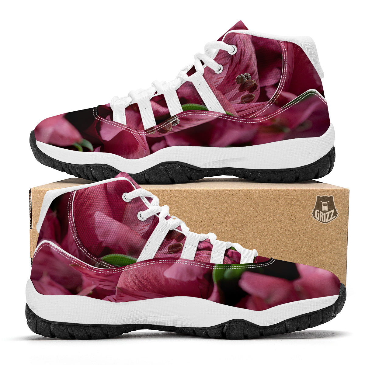 Alstroemeria Burgundy Print White Bball Shoes-grizzshop