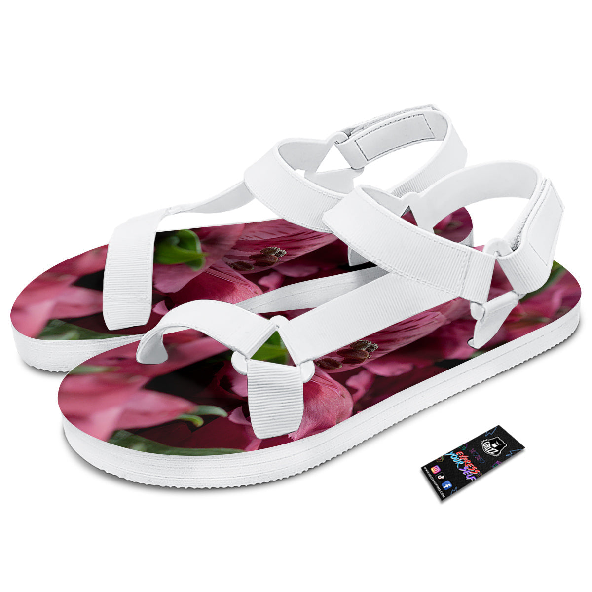 Alstroemeria Burgundy Print White Open Toe Sandals-grizzshop
