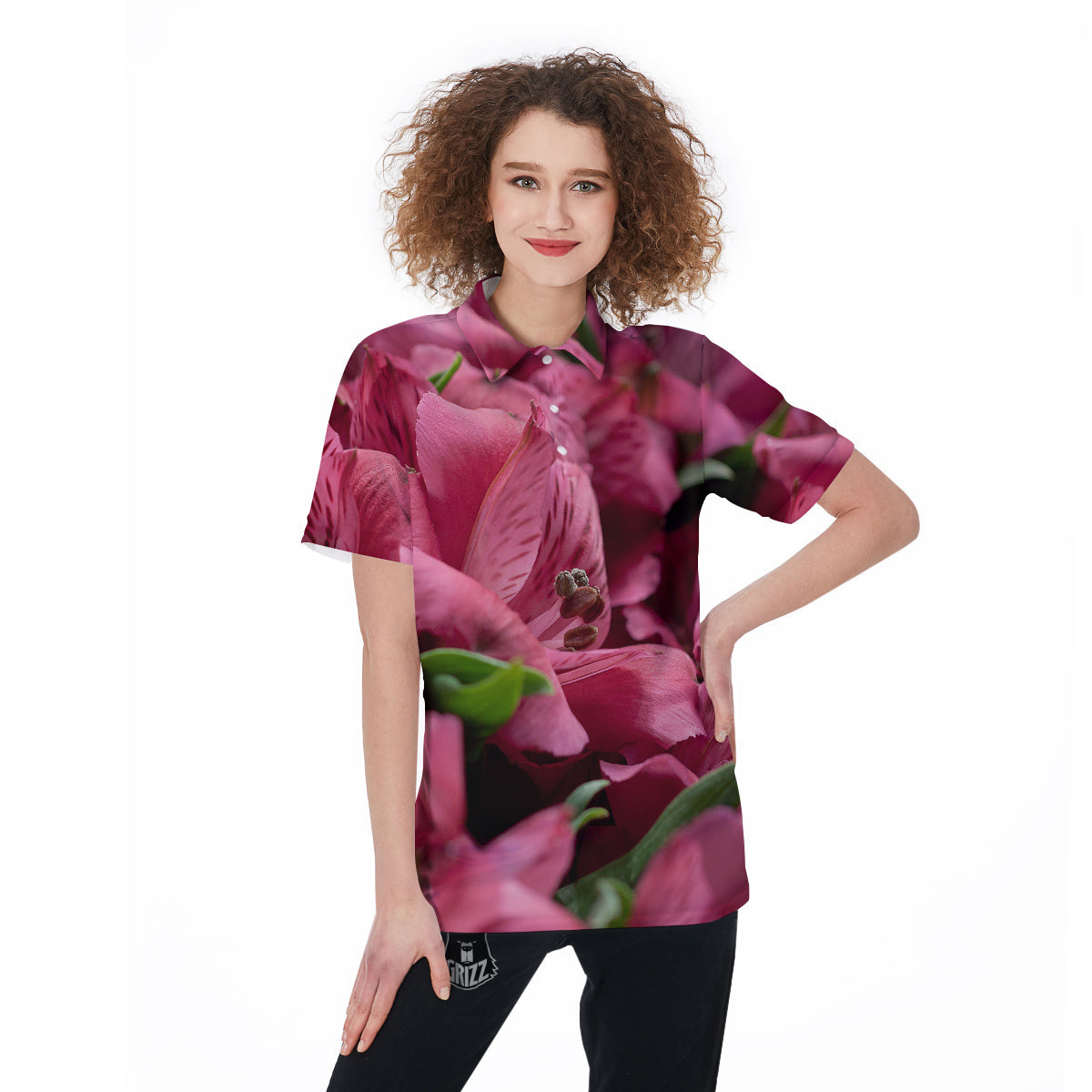 Alstroemeria Burgundy Print Women's Golf Shirts-grizzshop