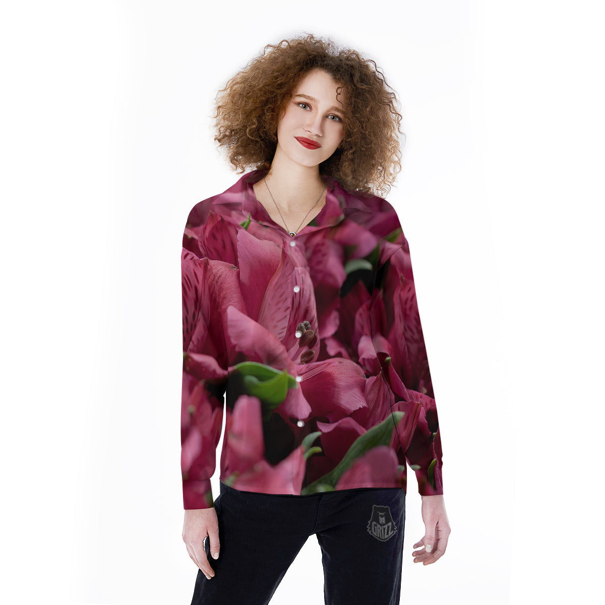 Alstroemeria Burgundy Print Women's Long Sleeve Shirts-grizzshop