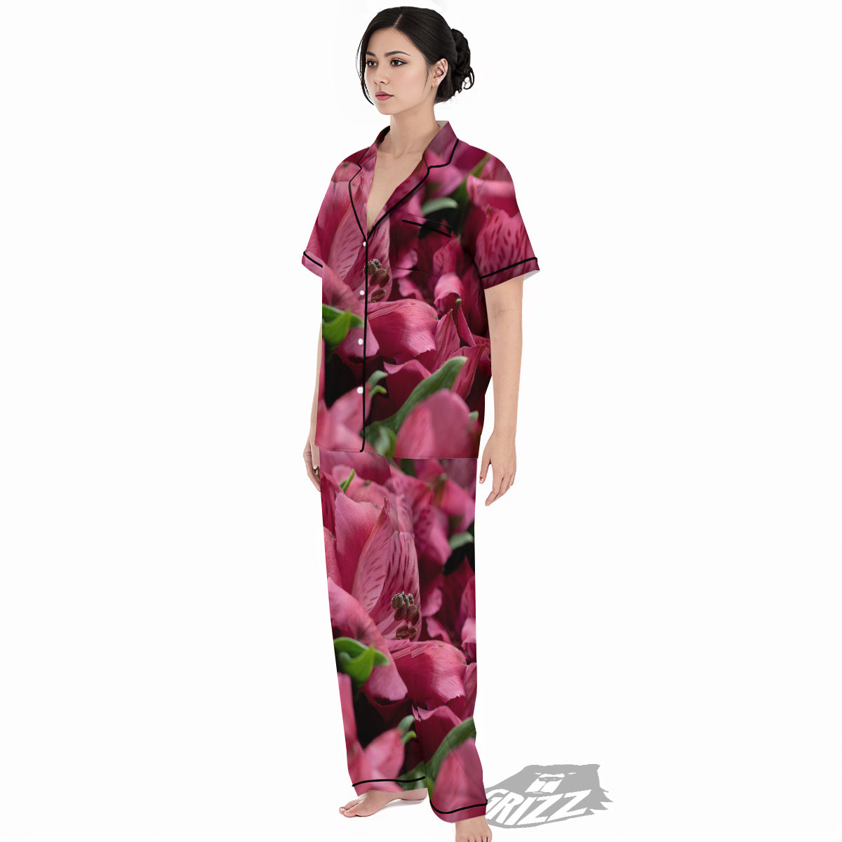 Alstroemeria Burgundy Print Women's Pajamas Set-grizzshop
