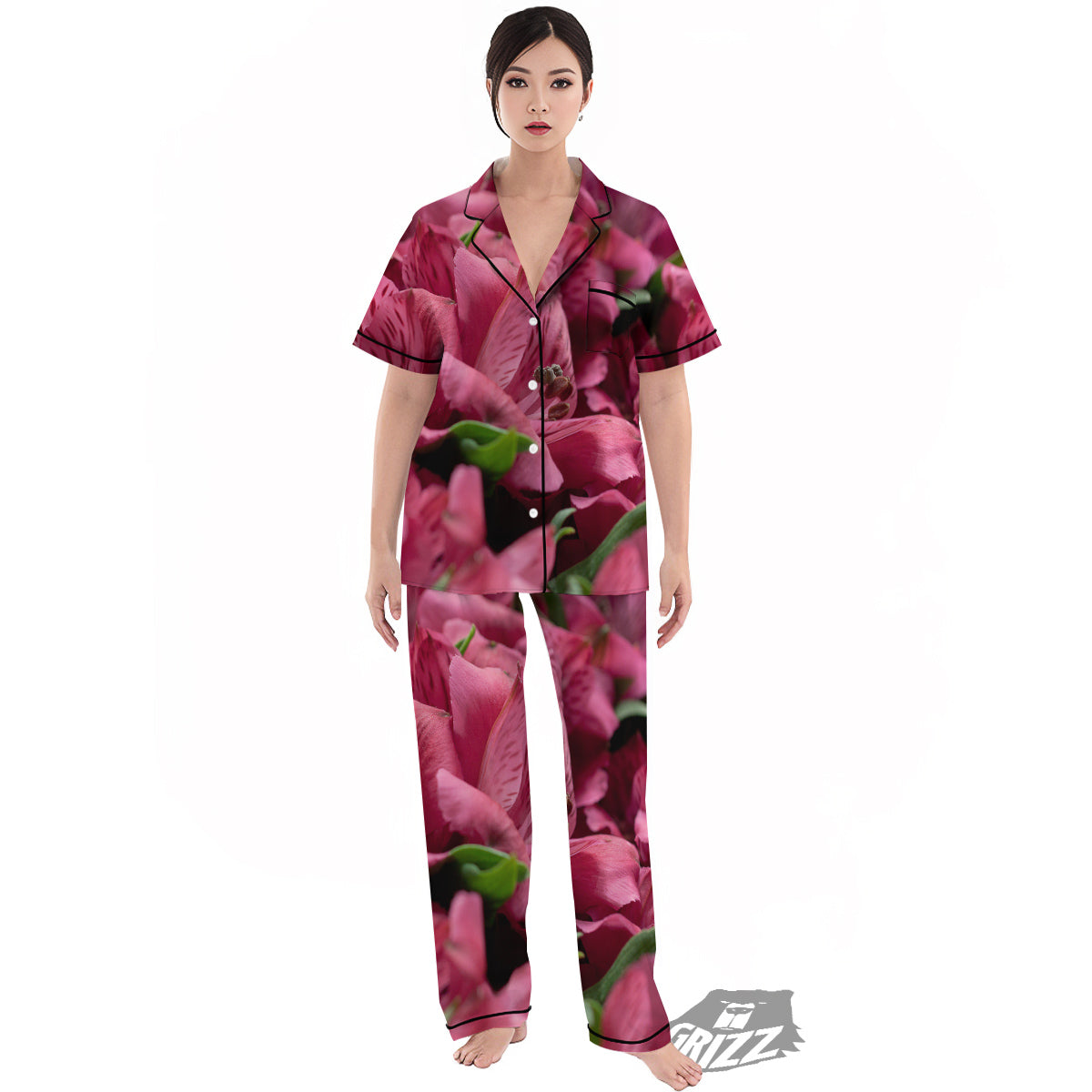 Alstroemeria Burgundy Print Women's Pajamas Set-grizzshop