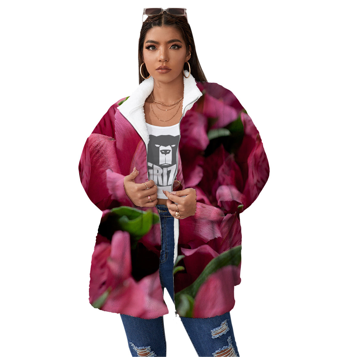 Alstroemeria Burgundy Print Women's Sherpa Jacket-grizzshop