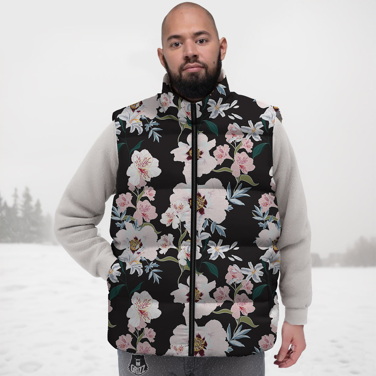Alstroemeria Pink And White Print Pattern Down Vest