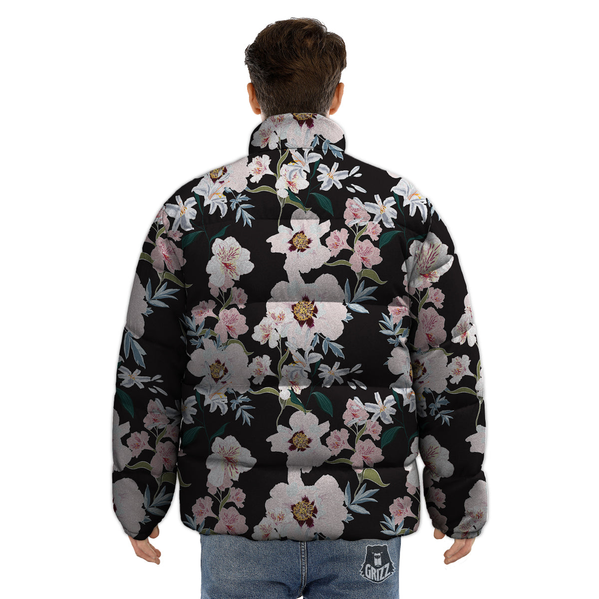 Alstroemeria Pink And White Print Pattern Puffer Jacket-grizzshop