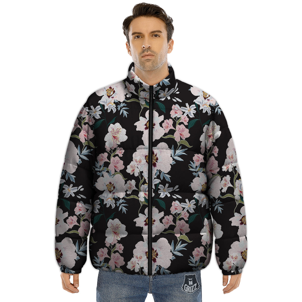 Alstroemeria Pink And White Print Pattern Puffer Jacket-grizzshop