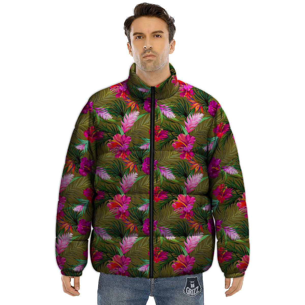 Alstroemeria Purple Pattern Puffer Jacket-grizzshop
