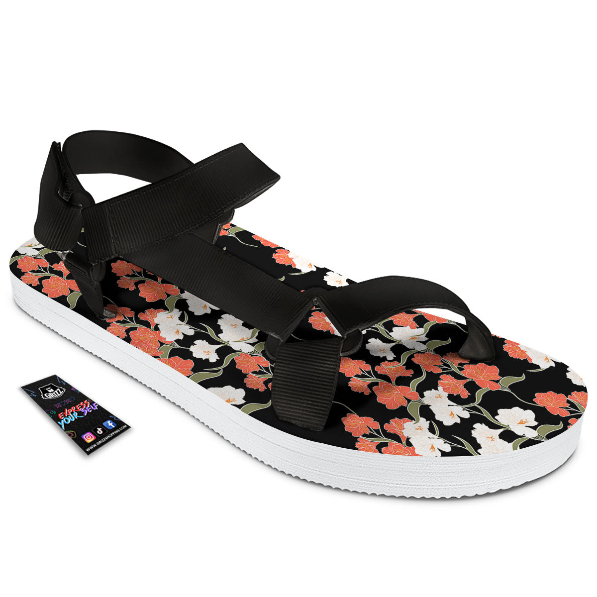 Alstroemeria Red Print Pattern Black Open Toe Sandals-grizzshop